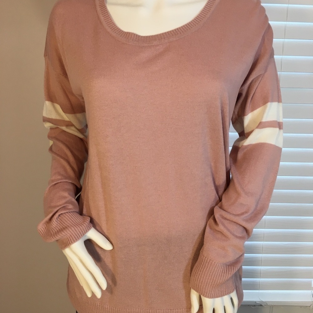 Pink Rose Long Sleeves Strip Knit Pink Cream Longline Pullover Sweater Size L - Picture 12 of 13